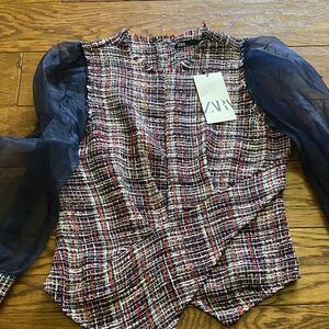 ZARA Multicolor Tweed Top with Navy Sheer Sleeves